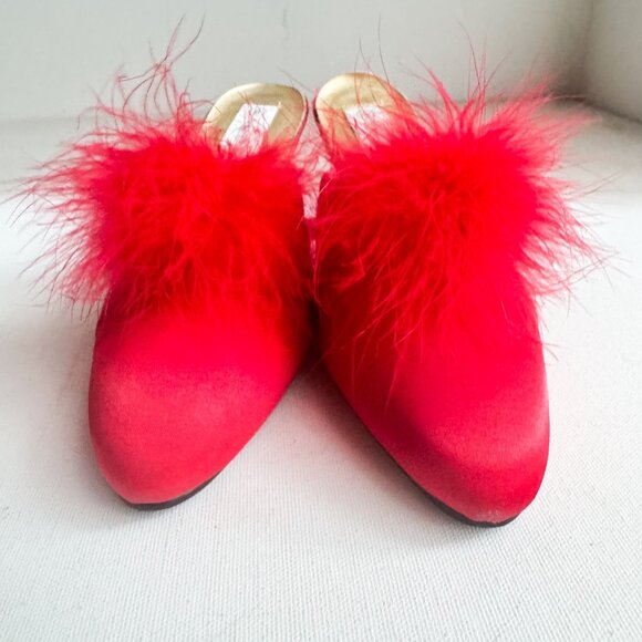 Vintage Intimate Details Red Satin Fur Pom Pom Bedroom Slippers Kitten Heel 8 - Picture 5 of 7
